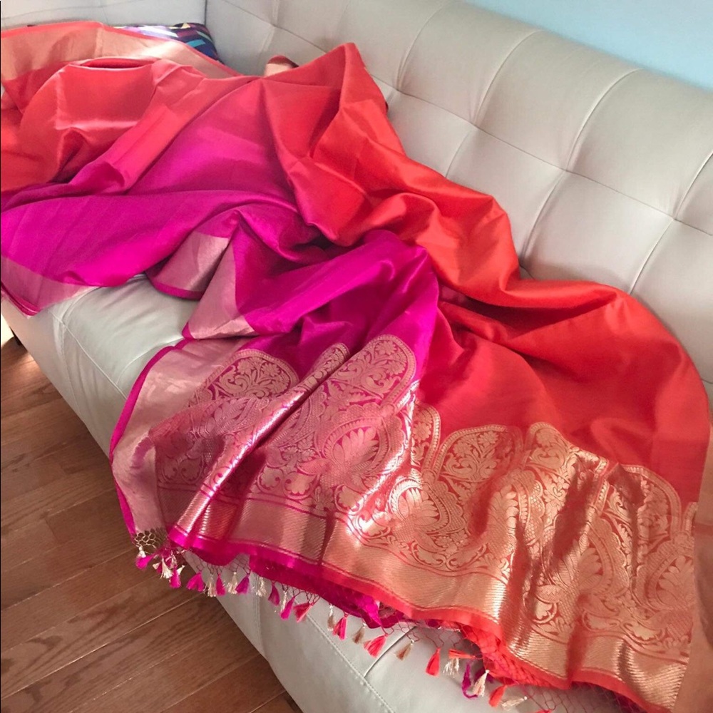 Munga Banarasi orange pink shaded silk saree